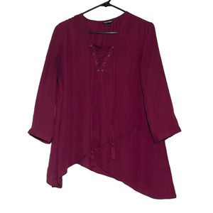 Roz&Ali Burgundy Silk Asymmetrical Top - Size Large. Euc